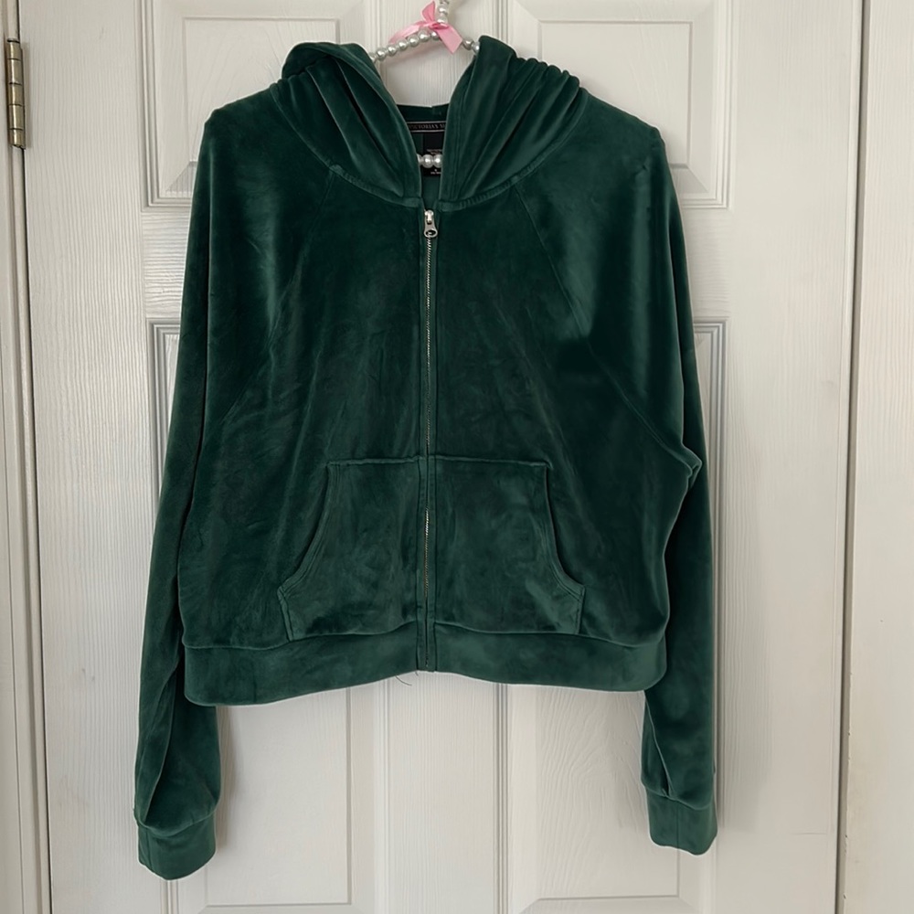 VICTORIA'S SECRET PINK 💚 Green VELOUR SET Front-zip Hoodie M Jogger Pants S